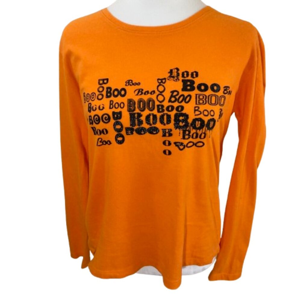 Halloween Long Sleeve Tee Shirt Bright Pumpkin Orange Black Letters "Boo," Med.